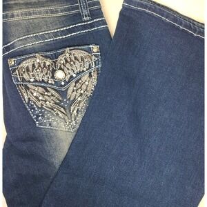 Telepatia Wide Leg Jeans Womens 15/32 Blue Embellished Back Pockets Bling Denim